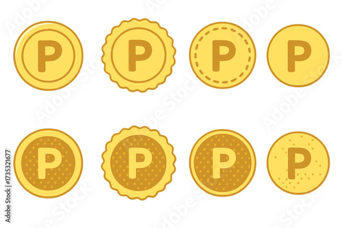 Golden coin set with letter P, collection of shiny round tokens with various edge designs, bright metallic finish, vector illustration transparent background, currency icons collection
