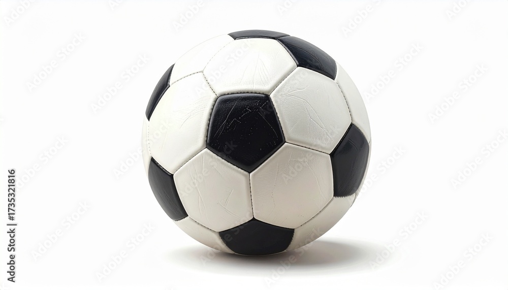 Fototapeta premium Classic black and white soccer ball with pentagon-hexagon pattern resting on white surface, casting soft shadow, isolated for sports visuals, global activity themes, or athletic branding.