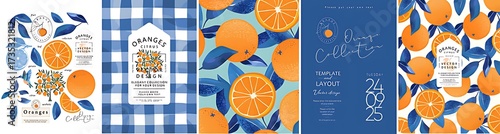 Vibrant citrus fruit pattern with blue and white gingham background
