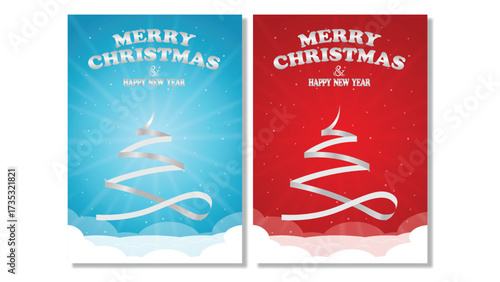 Merry Christmas and Happy New Year Greeting Card with Ribbon Tree Design