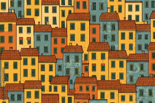Colorful buildings seamless pattern flat style. Vintage urban city background. Hand drawn vector cartoon illustration of old town houses with tiled roofs. Architecture wallpaper design.