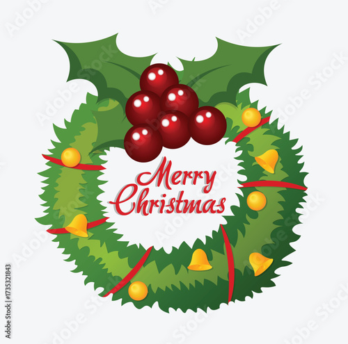 Merry Christmas Wreath with Holly Leaves and Bells Isolated
