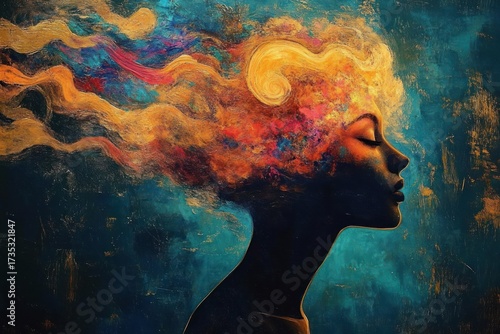 Silhouette of a serene woman with colorful, fiery hair flowing like smoke against a textured blue background, evoking a sense of calm and imagination