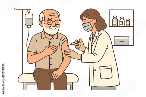 Senior man gets vaccinated by doctor in hospital. Elderly patient receiving vaccine injection for covid or flu. Healthcare, immunization, and medical prevention concept. Vector.