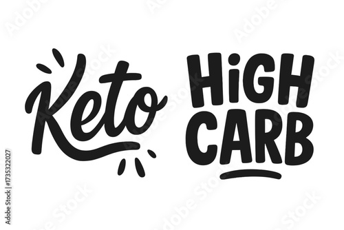 Keto versus High Carb diet concept. Hand drawn lettering for overlay, print, packaging, menu. Healthy lifestyle choice illustration. Ketogenic nutrition vs carbohydrates vector.