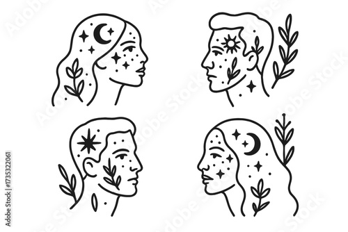Set of abstract portraits of men and women with cosmic stars, sun, and floral elements. Esoteric linear concept of the universe within. Mystical faces for spiritual wellness.