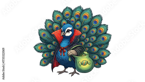 Peacock as Mysterious Character: A whimsical illustration showcases a regal peacock dressed in a mysterious cloak, holding a bag, hinting at intrigue and playful storytelling. 