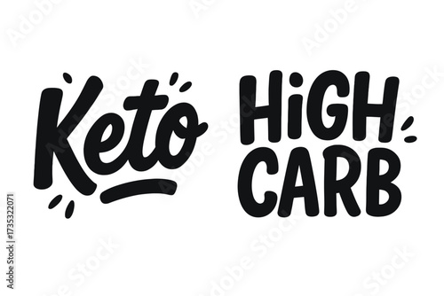 Keto and High Carb hand drawn lettering set. Typographic signs for packaging, menu, overlay, print. Concept of diet choice, nutrition, ketogenic vs high carbohydrate food.