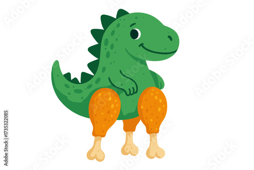 Funny keto diet humor concept. Cute dinosaur character with fried chicken legs. Cartoon vector illustration for posters & t-shirts. Ketogenic lifestyle branding mascot design.