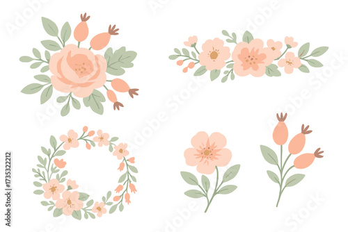 Set of floral wedding elements. Elegant rose bouquet, wreath, and botanical dividers. Decorative pastel flower vector art for invitations, cards, and feminine branding design.