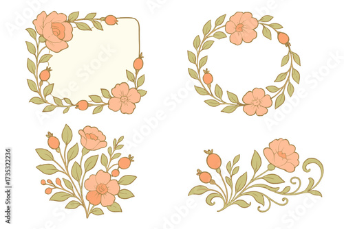 Set of flower wedding ornament concept. Traditional art rose hip floral element. Vector layout decorative pastel greeting card. Border frame wreath. Botanical elegant design.