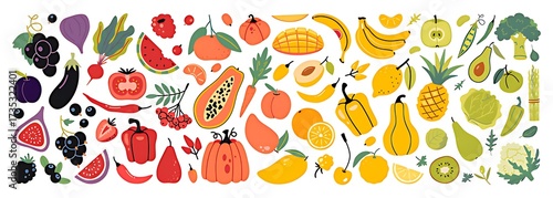 Colorful fruits and vegetables illustration rainbow gradient healthy food concept for backgrounds