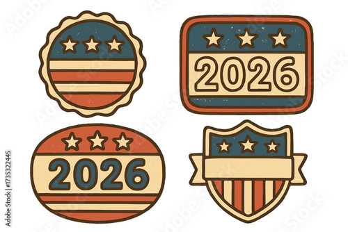 USA 2026 election vintage badge set. American patriotic vote sticker pack. Retro political campaign graphic element. United States midterms label. Grunge flag symbol vector.