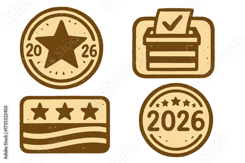 Vintage 2026 US election badges and labels. Retro American political campaign sticker set. Vote emblem, patriotic stamp and icon collection for USA midterm elections concept.