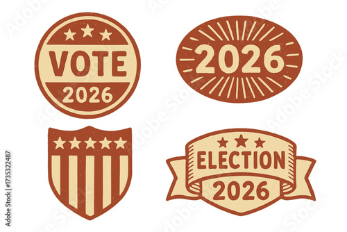 Set of vintage 2026 election badges. Retro USA patriotic sticker collection for midterms. Hand-drawn vote labels with grunge texture. American political campaign vector icons.