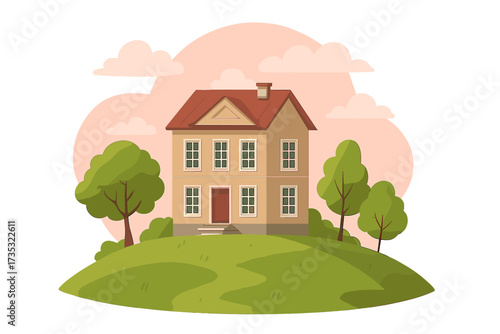 Vector illustration of a classic family house on a grassy hill. Two-story country building with trees. Concept for real estate, property, architecture, suburban life, home.
