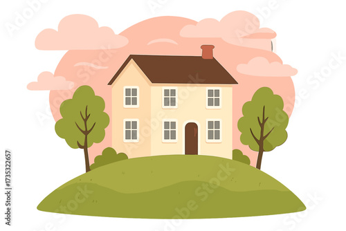 Family house vector illustration. Cartoon country home on green hill with trees. Pink sky background. Concept for real estate, property, mortgage, suburban dream home, idyllic living.