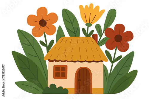 Vector cartoon illustration of a small old house with a thatched roof among huge flowers and leaves. Fairytale cottage in a fantasy garden. Concept of cozy home, rustic life.