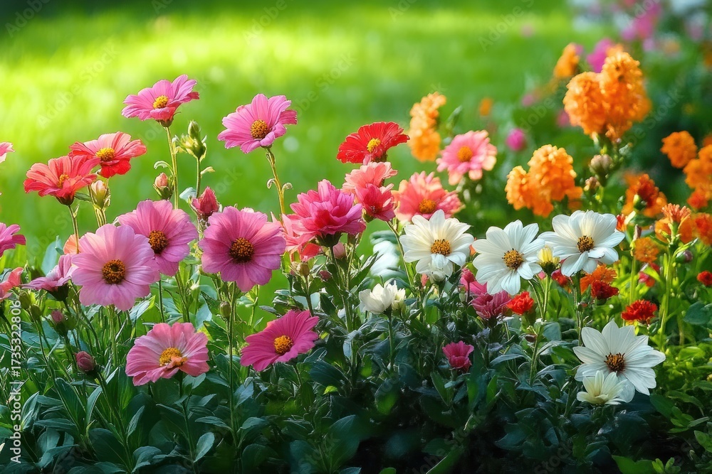 Obraz premium Vibrant garden bed with blooming pink, white, and orange flowers brightly illuminated by sunlight against a lush green background