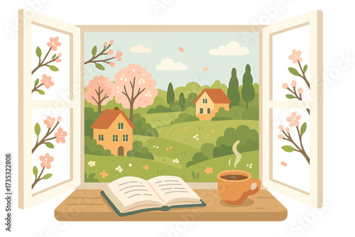 Cozy spring window with a book and coffee. View of a beautiful rural landscape with houses and blooming sakura trees. Concept of relaxing, reading, home comfort and a slow life.