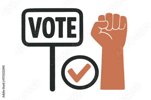 Vote for change concept. Raised fist symbol of power and protest. Election campaign vector illustration with check mark icon. Social justice, democracy, and activism poster.