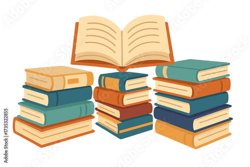 Stacks of books with open book on top. Concept of knowledge, education, studying, and learning. Library, school, or bookstore background. Flat vector cartoon illustration for reading.