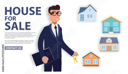 Real estate agent with house keys and property options house for sale vector illustration