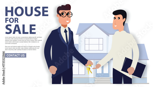 Real estate agent handing keys to buyer house for sale vector illustration