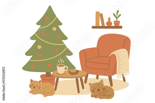Cozy winter holiday season concept. Scandinavian interior with home decorations. Christmas tree, sleeping cats, armchair, coffee table with tea. Cute warm hygge illustration.