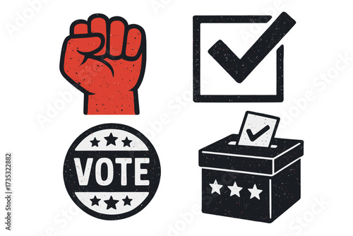 Vote icon set for election day. Voting concept with grunge texture symbols. Raised fist, checkmark, ballot box and badge. Political vector for democracy, freedom and change.