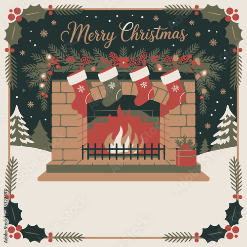 Cozy christmas scene with a crackling fireplace and stockings hung by the chimney