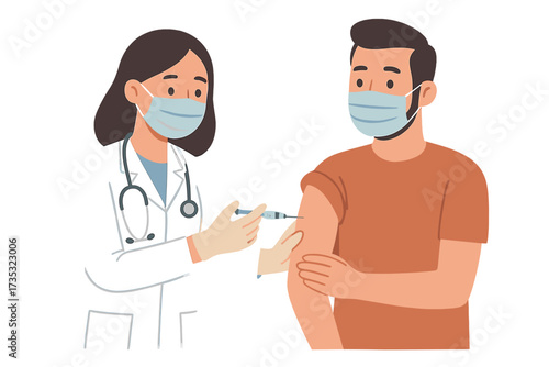 Doctor giving patient vaccine shot. Man getting flu or covid-19 vaccination from a woman nurse in a clinic. Medical immunization and healthcare concept. Vector illustration.