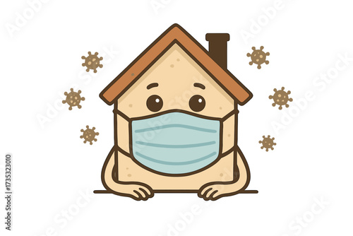 Stay home concept. Cute house character with face in medical mask. Quarantine for coronavirus COVID-19 prevention. Pandemic protection symbol. Self isolation at home vector.