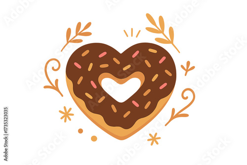 Heart shaped donut with chocolate glaze and sprinkles. Cute cartoon vector illustration of a sweet pastry. Delicious dessert, symbol of love, for Valentine's Day. Bakery concept.