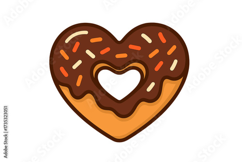 Heart shape donut with chocolate glaze and sprinkles. Sweet food icon. Love baking concept. Confectionery, pastry, dessert symbol. Vector illustration for bakery, cafe menu.