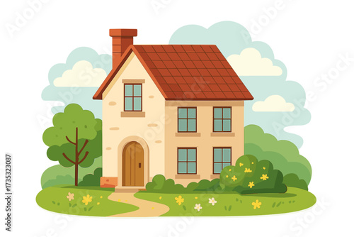 Cartoon vector illustration of a cozy two-story family house with a garden. Isolated countryside spring scenery. Suburban cottage in nature for real estate or property concepts.