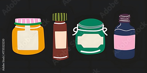 Collection of illustrated jars and bottles with blank labels on a dark background