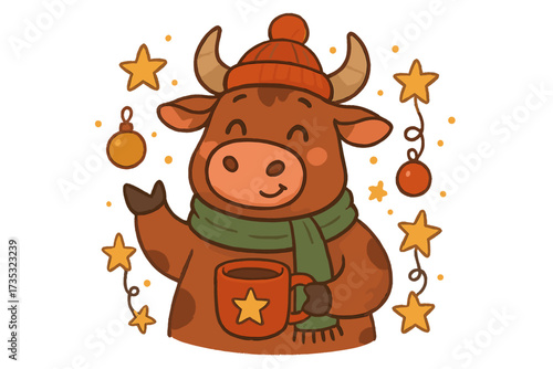 Funny Christmas bull with hot cocoa. Happy New Year greeting card. Cute cartoon ox in winter hat & scarf with mug. Hand drawn holiday vector illustration with stars and baubles.