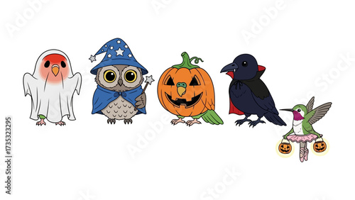 Whimsical Halloween Creatures: A collection of adorable illustrations of creatures dressed up in Halloween costumes against an bright backdrop, evoking the playful spirit of the holiday season.