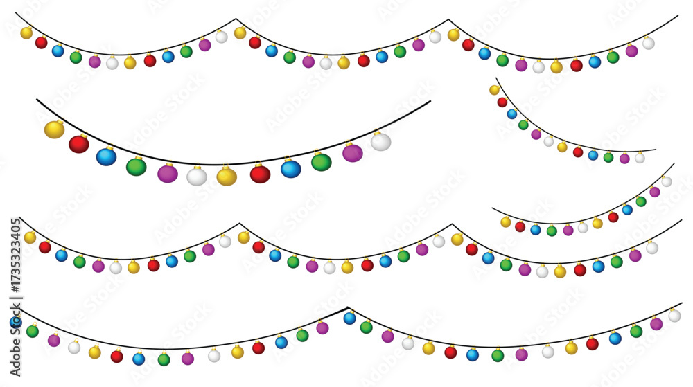 Fototapeta premium Colorful festive string lights garland set vector illustration isolated