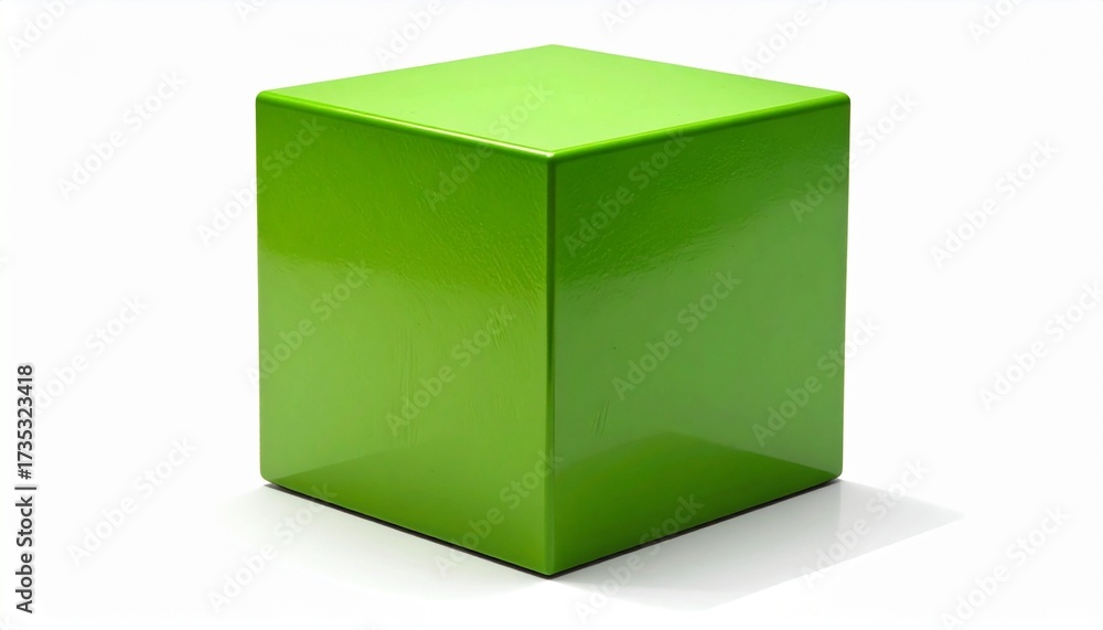 Fototapeta premium Glossy green cube with smooth surfaces casting soft shadow on white background, isolated and well-lit, showcasing geometric precision and minimalist design for visual or educational use.