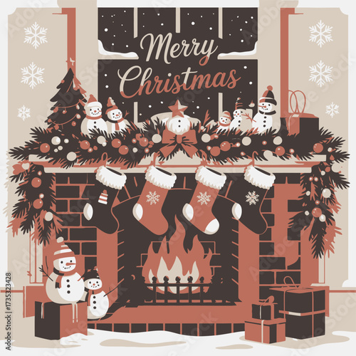 Cozy christmas scene with snowmen stockings and a roaring fireplace under a snowy window