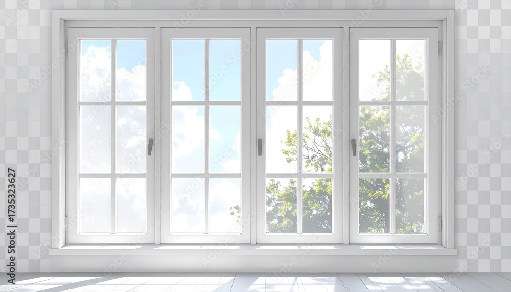 Fototapeta premium White-framed window with open side panels and grid panes, revealing scenic mountain and greenery view, isolated on transparent background for nature-themed design and interior visualization.