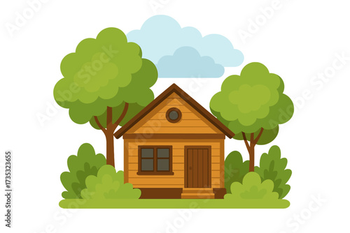 Cozy wooden house surrounded by trees and bushes. Summer country landscape scene. Flat cartoon vector illustration of a small cottage or cabin. Concept for rural real estate, eco living.