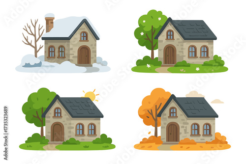 House in four seasons set. Winter snow, spring blossom, summer sun, autumn fall. Cartoon vector illustration of a home and nature changing through the year. Climate cycle.