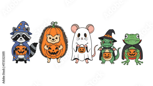 Halloween Critter Crew: A whimsical group of adorable Halloween creatures, each adorned in festive attire and carrying a jack-o'-lantern, joyfully embrace the spirit of the spooky season.