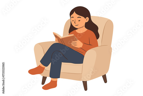 Young woman sitting in armchair reading a book. Female character relaxing at home. Concept of hobby, literature, education, knowledge, quiet lifestyle, peace of mind, comfort.