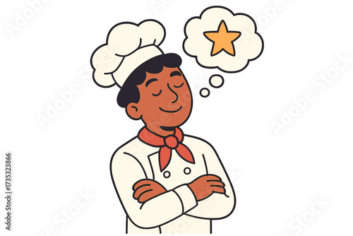 Young chef dreaming of a star award. Ambitious cook in uniform thinking about career success. Concept of culinary ambition, achieving goals, and gourmet restaurant rating.