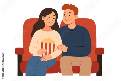 Couple on a movie date in cinema. Man and woman in love watching a film, eating popcorn. Romantic relationship concept. Vector for Valentine's Day, anniversary, greetings.