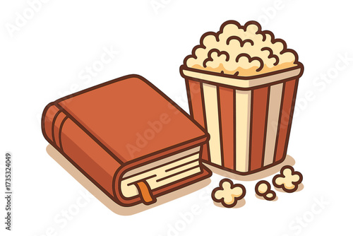 Book versus movie concept. Reading literature vs. watching films in cinema. Entertainment and leisure icon. Vector cartoon illustration of a book and a bucket of popcorn.